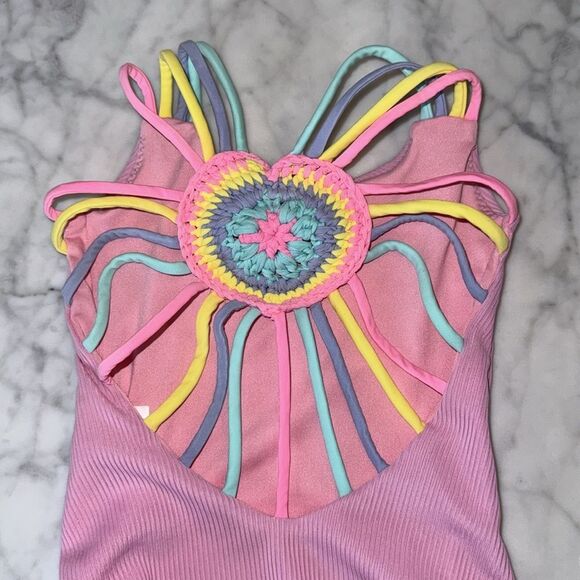 Peixoto Pink Swimsuit with Multicolor Crochet Detail - Picture 4 of 6
